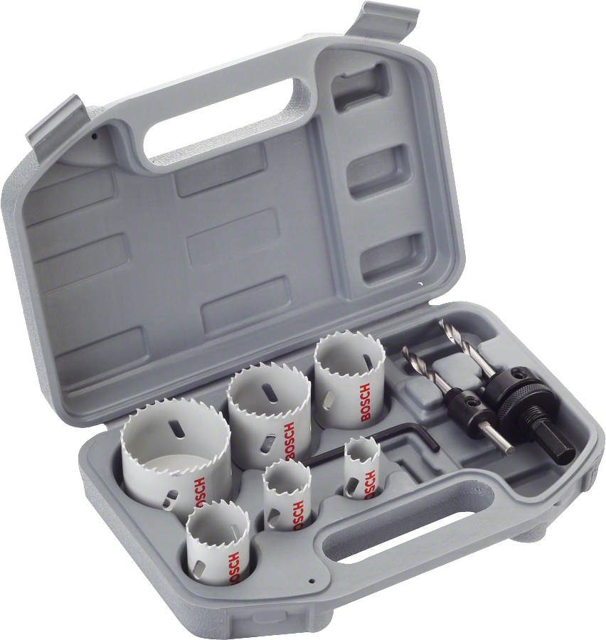 Bosch Set 9 accesorii, 6 carote BiMetal cu D20-68mm, 2 adaptoare hexagonale, 1 cheie hexagonal?